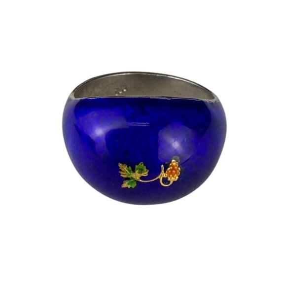 Vintage Silver Tone Enamel Ring With Blue Floral Grapevine Design Unique Size 6 - Picture 1 of 6